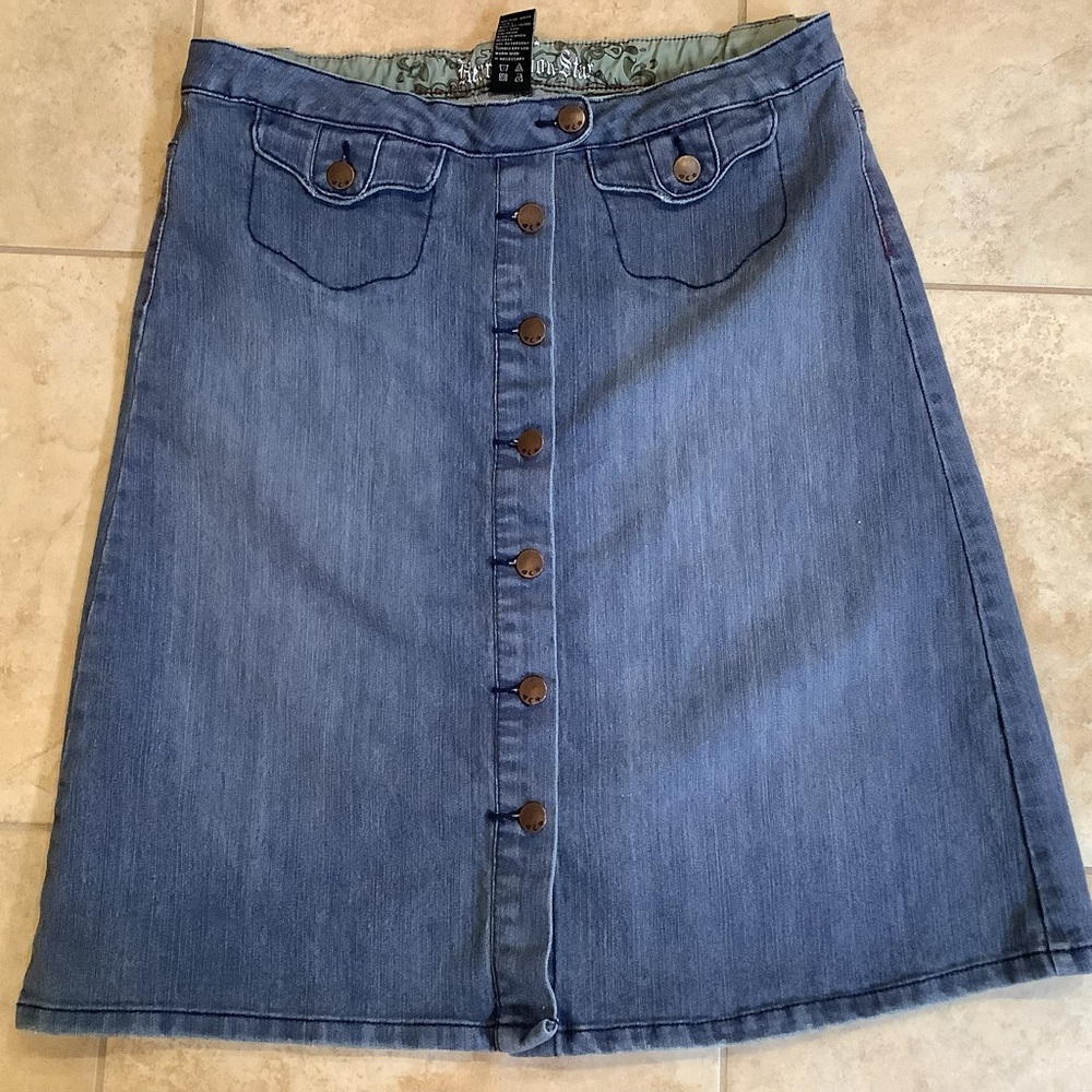Denim Skirt. Button front. Sz 10 Heart Moon Star